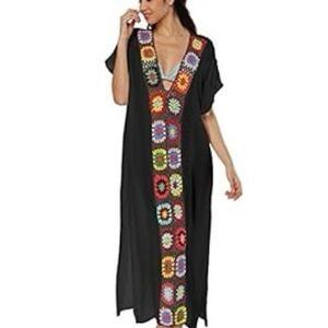 Black Kaftan with Colorful Crochet Detail